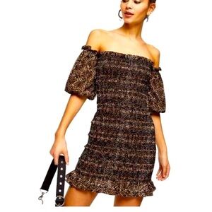 Topshop Mini Dress Shirred Bardot Animal Print size 10 NWOT